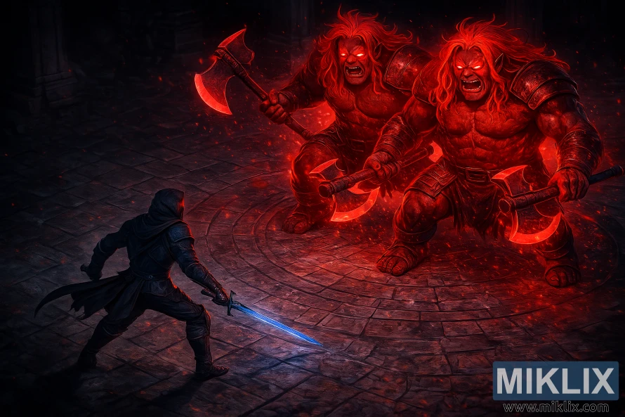 Vientuļš Aptraipīts ar kvēlojošu zilu zobenu tumšā akmens arēnā stājas pretī diviem ugunīgi sarkaniem milžiem, kas vicina cirvjus.