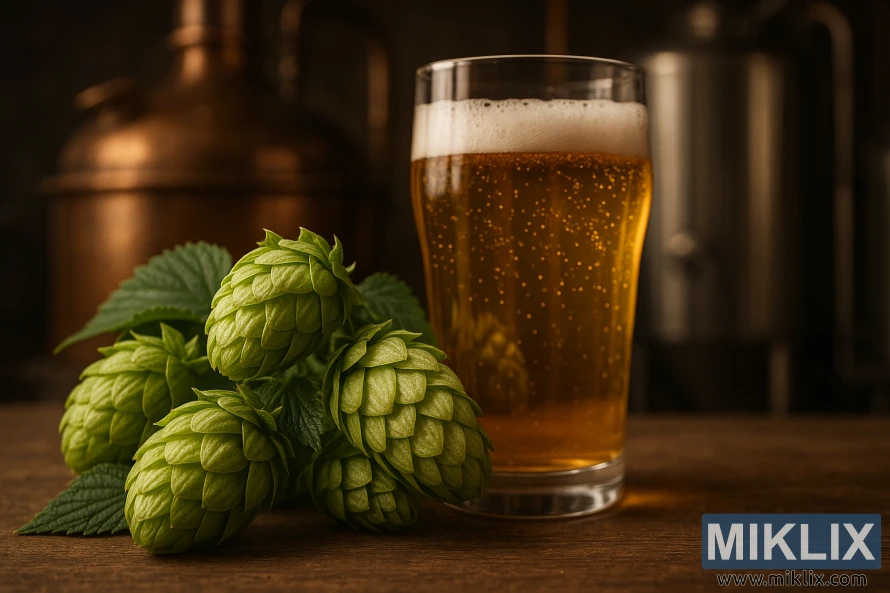 En klynge af Spalter Select humle med et gyldent ølglas og bryggeudstyr i baggrunden under varmt lys. En klynge af Spalter Select humle med et gyldent ølglas og bryggeudstyr i baggrunden under varmt lys.
