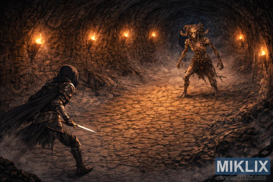 Isometrisk anime-fangehullsscene: Tarnished in Black Knife-rustningen nederst til venstre, sett bakfra med trukket dolk, vender mot den hornede Lamenter øverst til høyre i en fakkelopplyst, tåkete steintunnel med hengende lenker.