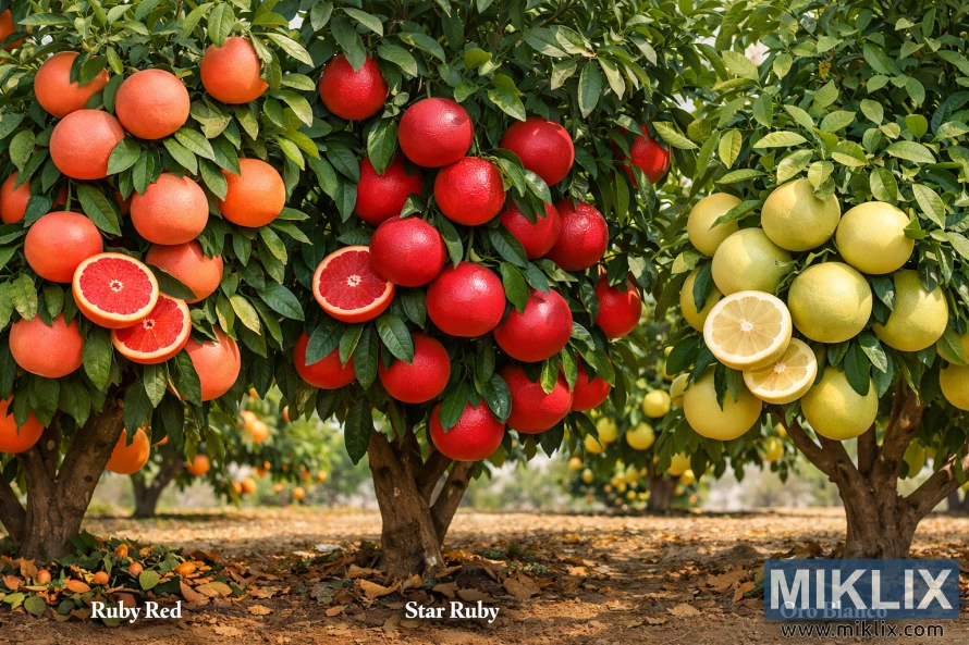Três árvores de toranja em um pomar, exibindo as variedades Ruby Red, Star Ruby e Oro Blanco, com frutos inteiros e fatiados.