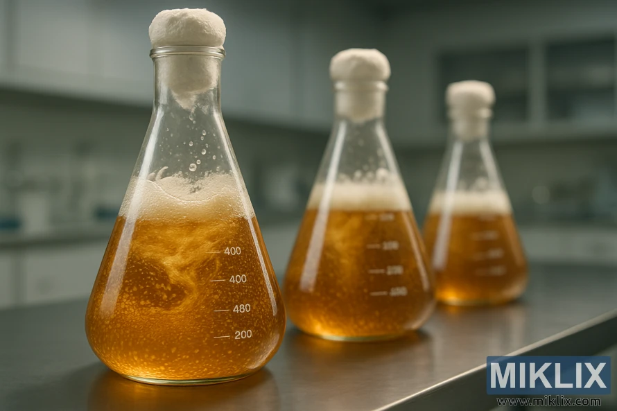 Erlenmeyer-kolber med brusende væskegjæring på en laboratoriebenk under mykt lys. Erlenmeyer-kolber med brusende væskegjæring på en laboratoriebenk under mykt lys.