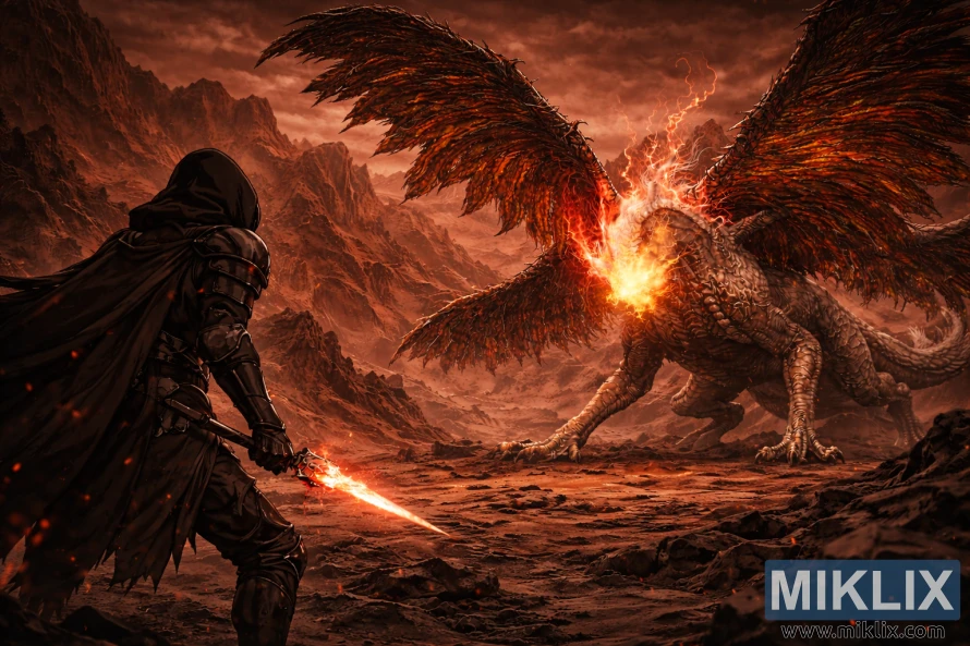 Realistic fantasy artwork showing the Tarnished from behind facing the colossal Ancient Dragon Senessax on a fiery, volcanic mountain peak before battle.