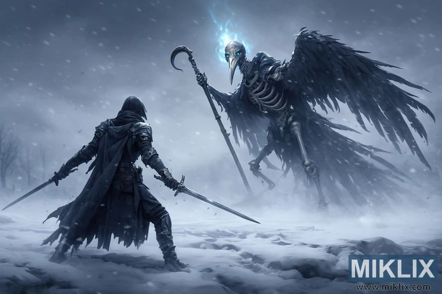 ଏକ ପ୍ରଚଣ୍ଡ ତୁଷାରଝଡ଼ରେ ଏକ ଆଙ୍କୁଡା ବାଡ଼ି ସହିତ ଏକ ଉଚ୍ଚ କଙ୍କାଳ ଡେଥ୍ ରାଇଟ୍ ପକ୍ଷୀର ସାମ୍ନା କରିବା ସମୟରେ ଜଣେ ପୋଷାକ ପିନ୍ଧା ଯୋଦ୍ଧା ଦୁଇ-ଚାଳନା ଖଣ୍ଡା ଧରିଛି। ଏକ ପ୍ରଚଣ୍ଡ ତୁଷାରଝଡ଼ରେ ଏକ ଆଙ୍କୁଡା ବାଡ଼ି ସହିତ ଏକ ଉଚ୍ଚ କଙ୍କାଳ ଡେଥ୍ ରାଇଟ୍ ପକ୍ଷୀର ସାମ୍ନା କରିବା ସମୟରେ ଜଣେ ପୋଷାକ ପିନ୍ଧା ଯୋଦ୍ଧା ଦୁଇ-ଚାଳନା ଖଣ୍ଡା ଧରିଛି।