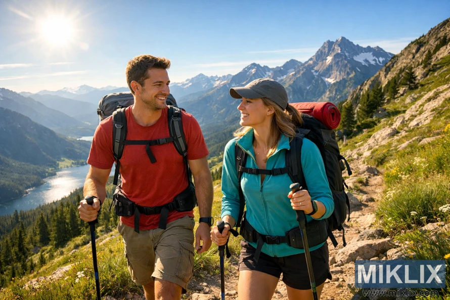 Туристи-чоловіки та жінки йдуть разом сонячною гірською стежкою з альпійськими вершинами та долиною на задньому плані.