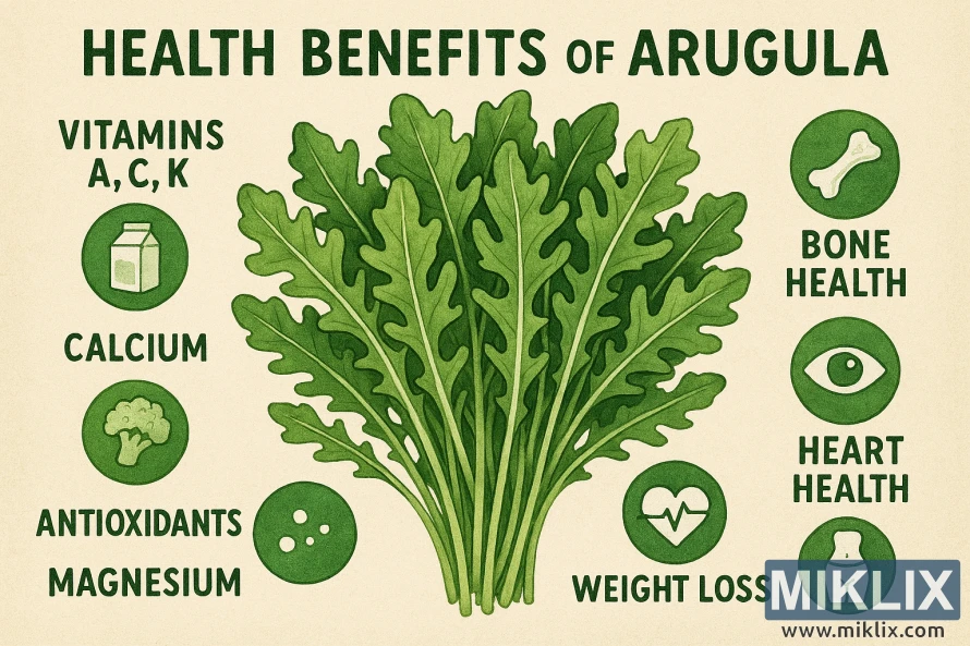 圖示展示了芝麻菜的營養成分和健康益處，並附有標註圖示。