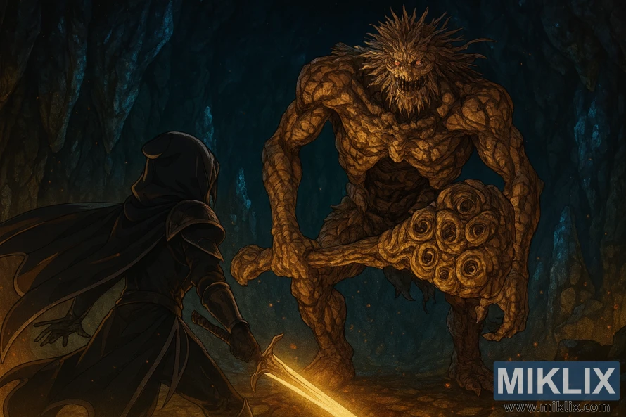 एल्डेन रिङको पुरानो अल्टस टनेलमा स्टोनडिगर ट्रोलसँग लडिरहेको टार्निश्ड इन ब्ल्याक नाइफ आर्मरको एनिमे-शैलीको फ्यान आर्ट