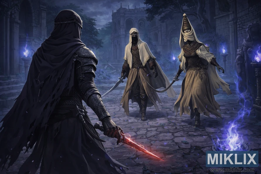 Anime style fan art of the Tarnished in Black Knife armor facing the Nox Swordstress and Nox Monk in the misty ruins of Sellia Town of Sorcery, moments before combat. Anime style fan art of the Tarnished in Black Knife armor facing the Nox Swordstress and Nox Monk in the misty ruins of Sellia Town of Sorcery, moments before combat.