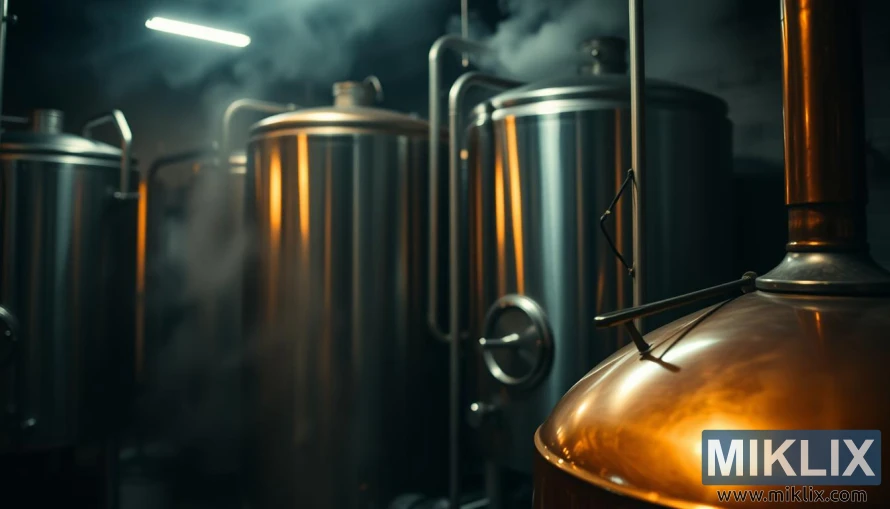 Pivar prati slad u prigušenom pivovaru sa sjajem bakrenog kotla i spremnicima od nehrđajućeg čelika u pozadini.