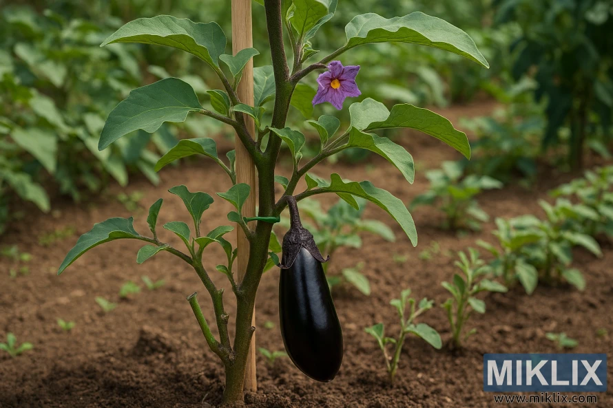 Eggplant plant staked and pruned in a garden with healthy leaves and fruit