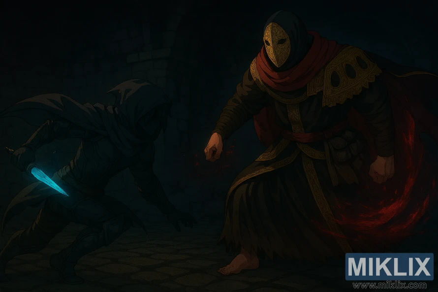 Anime-style fan art of Tarnished fighting masked Sanguine Noble in Elden Ring dungeon