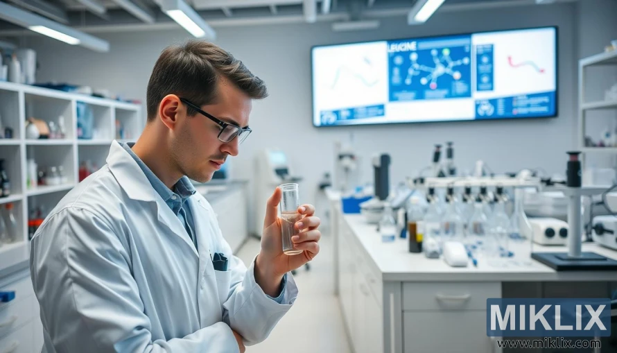 Istraživač u laboratorijskom mantilu ispituje epruvetu u laboratoriji za istraživanje leucina. Istraživač u laboratorijskom mantilu ispituje epruvetu u laboratoriji za istraživanje leucina.