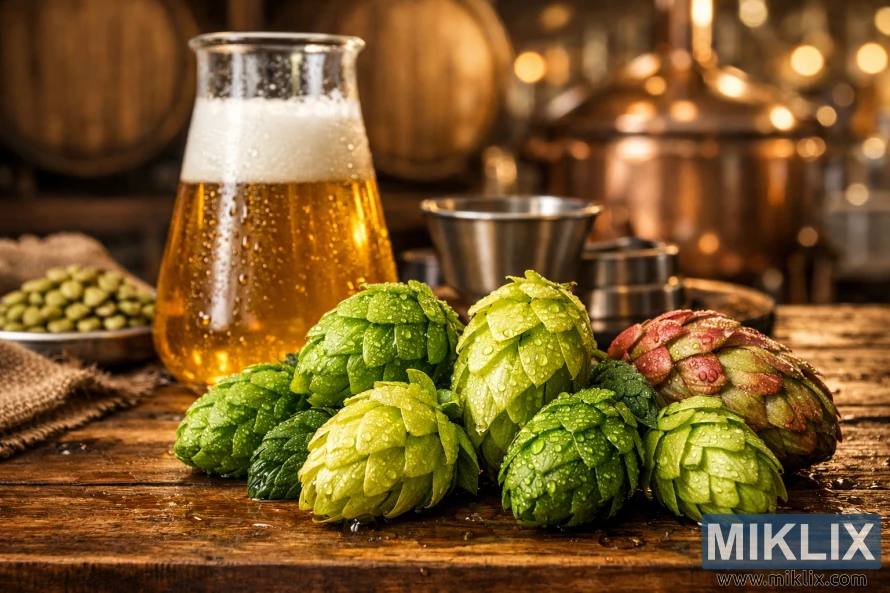 Close-up of fresh green hop substitutes with water droplets on a wooden table, a glass of golden beer and brewing tools in front of a softly blurred brewery background. Close-up of fresh green hop substitutes with water droplets on a wooden table, a glass of golden beer and brewing tools in front of a softly blurred brewery background.