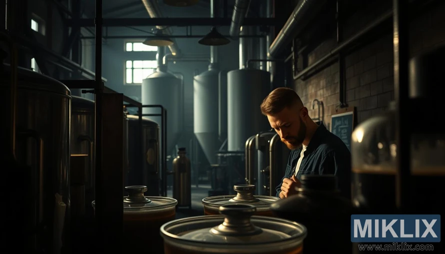 Svakt opplyst bryggeri med gjæringstanker og brygger som sjekker et hydrometer. Svakt opplyst bryggeri med gjæringstanker og brygger som sjekker et hydrometer.