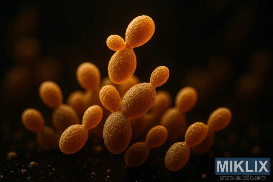 Nærbilde av gjærceller som aktivt gjærer og deler seg under varmt lys.