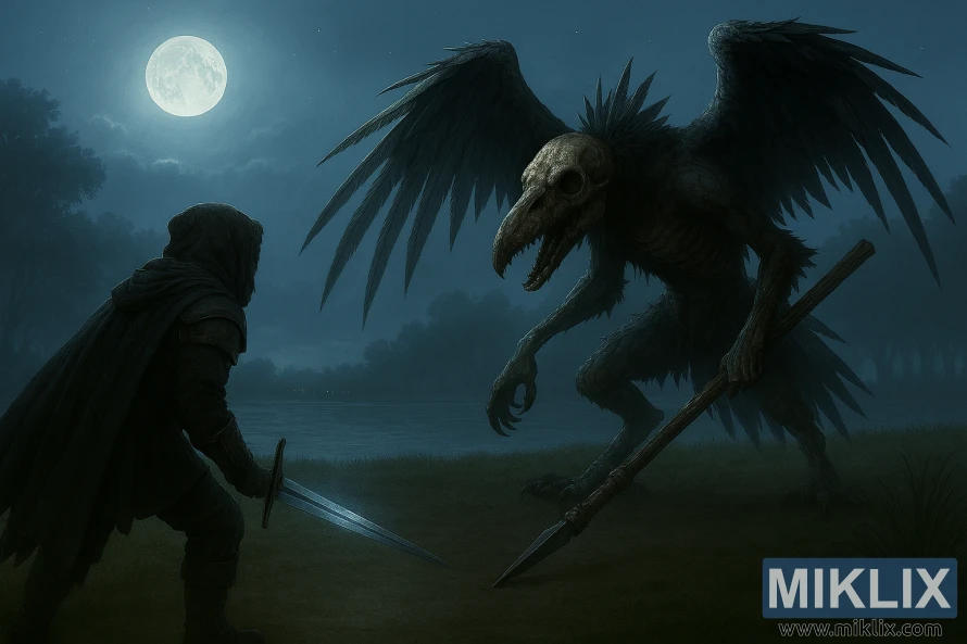 തിളക്കമുള്ള ചന്ദ്രപ്രകാശത്തിൽ, ജീർണ്ണിച്ചുകൊണ്ടിരിക്കുന്ന അസ്ഥികൂടമായ ഡെത്ത്ബേർഡിനെ അഭിമുഖീകരിക്കുന്ന ടാർണിഷ്ഡ് ഇൻ ബ്ലാക്ക് നൈഫ് കവചത്തിന്റെ റിയലിസ്റ്റിക് ഫാൻ ആർട്ട്.