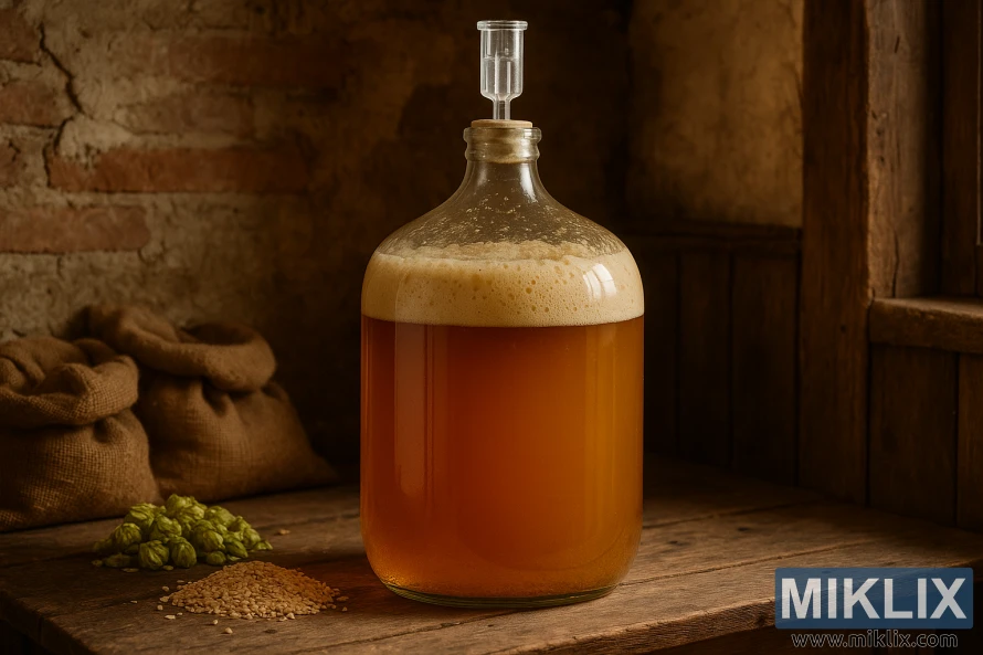 Wani katafaren katafaren gilashin da ke cike da fermenting lager irin na Czech yana zaune akan teburi na katako, kewaye da buhunan burla, hops, da hatsi a cikin wani daki mai tsattsauran ra'ayi na Czech.