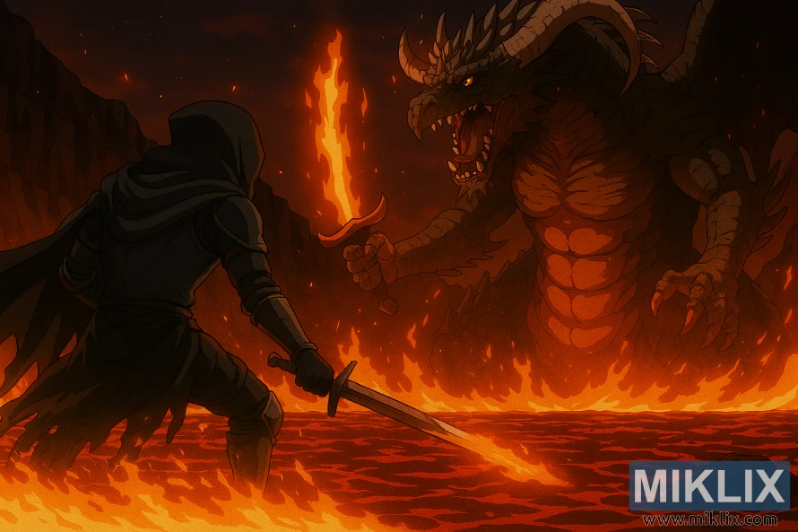 Anime-style battle between Tarnished in Black Knife armor and Magma Wyrm wielding flaming sword Anime-style battle between Tarnished in Black Knife armor and Magma Wyrm wielding flaming sword