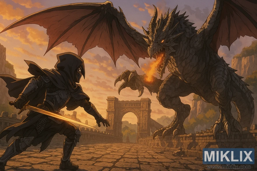 Anime stílusú rajongói grafika a Fekete Késpáncélba öltözött Tarnishedről, amint naplementekor a Farum Nagyhídon harcol a Repülő Sárkánnyel, Greyllel. Anime stílusú rajongói grafika a Fekete Késpáncélba öltözött Tarnishedről, amint naplementekor a Farum Nagyhídon harcol a Repülő Sárkánnyel, Greyllel.