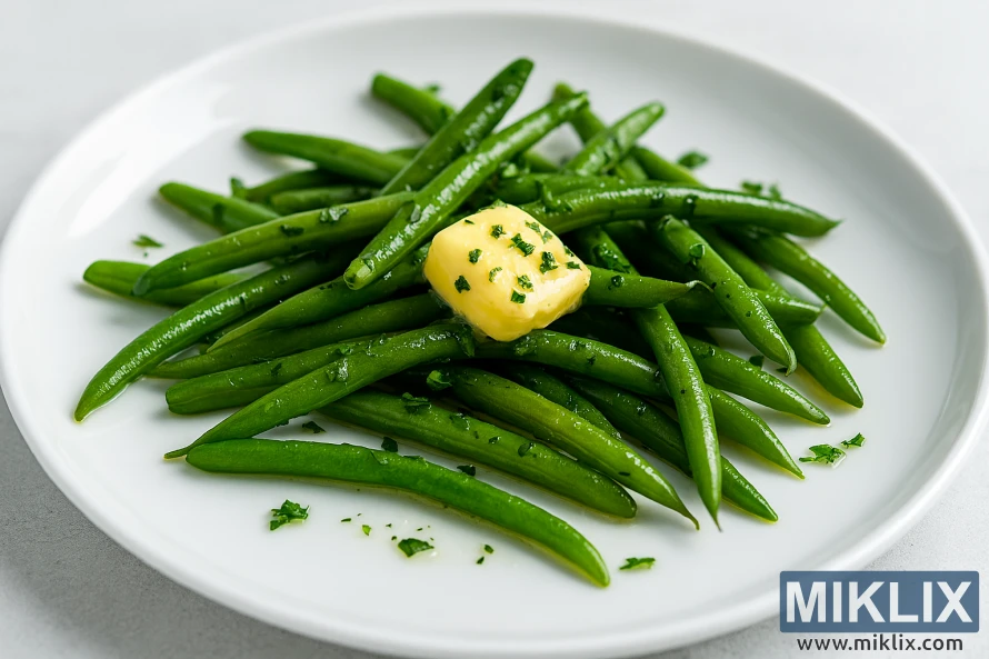 Cooked green beans garnished with butter and herbs on a white plate Cooked green beans garnished with butter and herbs on a white plate