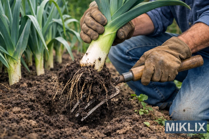 Gardener loosening soil with a fork and lifting a mature leek from the ground in a vegetable garden