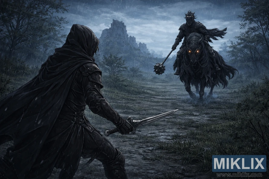 Wide anime style fan art scene of the Tarnished in Black Knife armor facing the Night’s Cavalry boss across a rainy battlefield with ruins and fog in the distance.