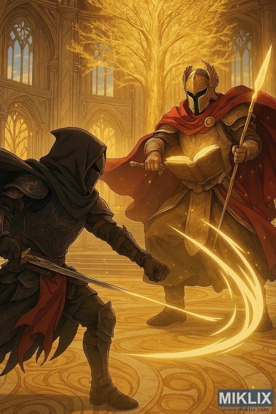 Portrait anime-style scene of Black Knife assassin fighting helmeted Sir Gideon in the towering Erdtree Sanctuary. Portrait anime-style scene of Black Knife assassin fighting helmeted Sir Gideon in the towering Erdtree Sanctuary.