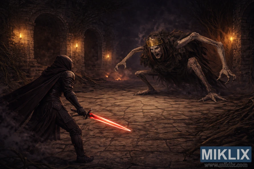 ବିସ୍ତୃତ ଅନ୍ଧକାର-କଳ୍ପନା ଏଲଡେନ୍ ରିଙ୍ଗ ଫ୍ୟାନ୍ ଆର୍ଟରେ ବାମ ପାର୍ଶ୍ୱରେ ପଛରୁ ଟାର୍ଣ୍ଣିସ୍ଡ୍‌କୁ ଏକ ଲାଲ-ଜ୍ୱଳନ୍ତ ଖଣ୍ଡା ସହିତ, ମଶାଲ-ଜଳିତ କିଙ୍ଗସ୍ରିଲ୍ମ ଧ୍ୱଂସାବଶେଷରେ ଏକ କୁଞ୍ଚିତ ରୟାଲ୍ ରେଭେନାଣ୍ଟକୁ ସାମ୍ନା କରି ଦର୍ଶାଯାଇଛି।