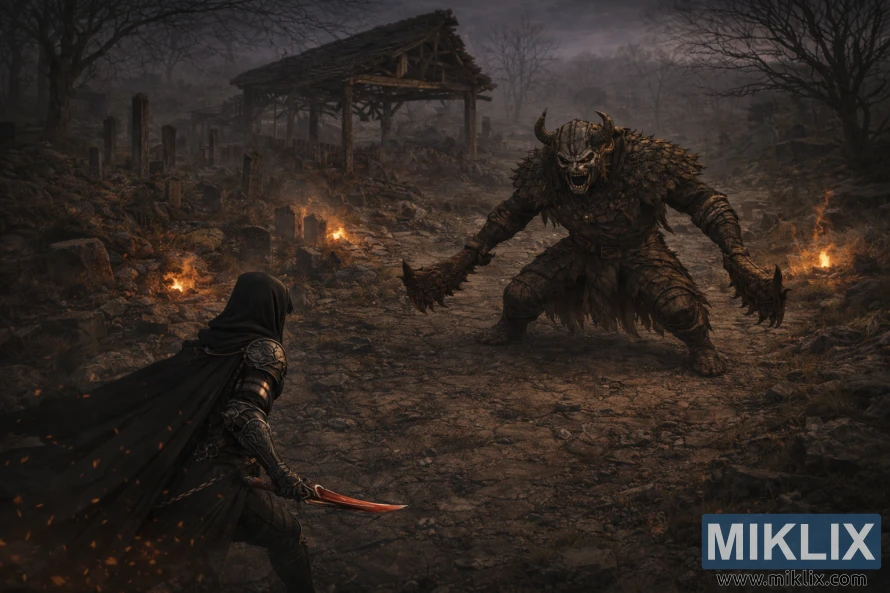 Fan art isométrique de dark fantasy montrant le Terni et un Omenkiller colossal s'affrontant dans le village en ruines des Albinauriques.