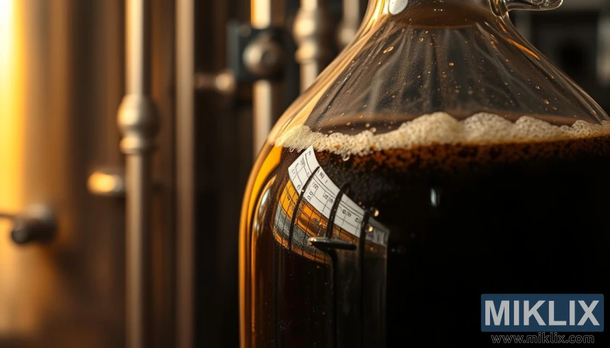 Glasscarboy av boblende stekt byggvæske i varmt lys med uskarp bryggeribakgrunn.