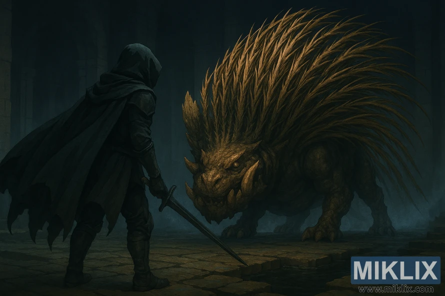 Anime-style fan art of the Tarnished in Black Knife armor seen from behind, facing the Golden Hippopotamus boss in Elden Ring: Shadow of the Erdtree