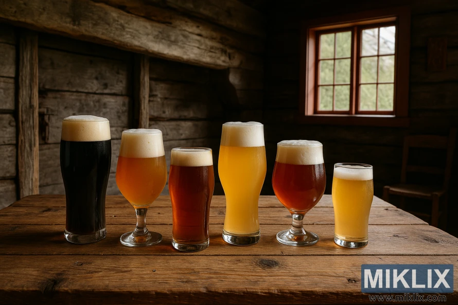 Berbagai jenis bir dalam berbagai gelas di atas meja kayu pedesaan di dalam rumah pertanian Norwegia. Berbagai jenis bir dalam berbagai gelas di atas meja kayu pedesaan di dalam rumah pertanian Norwegia.