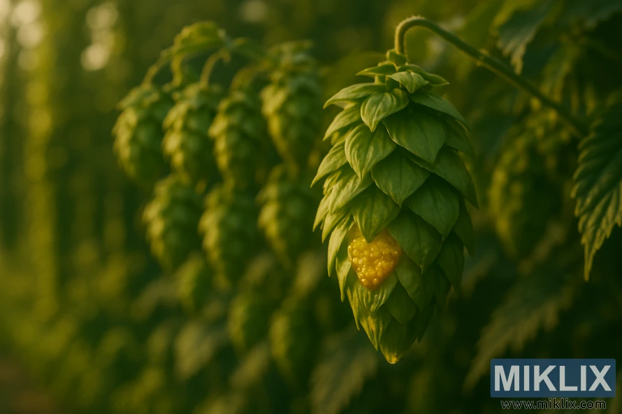 Primo piano di un cono di luppolo Blato con ghiandole di luppolina dorate, illuminato dalla calda luce del sole sullo sfondo di un campo di luppolo sfocato. Primo piano di un cono di luppolo Blato con ghiandole di luppolina dorate, illuminato dalla calda luce del sole sullo sfondo di un campo di luppolo sfocato.
