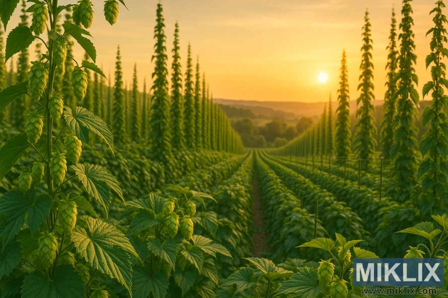 Rows of tall hop plants glowing in a golden sunset over rolling hills. Rows of tall hop plants glowing in a golden sunset over rolling hills.