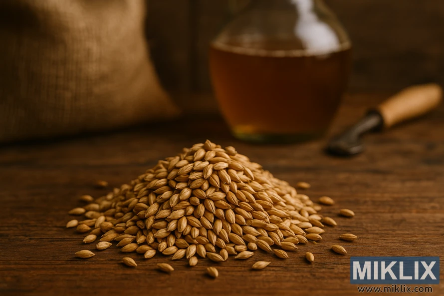 Krupni plan sladnog ječma Golden Promise nagomilanog na drvenom stolu sa zamućenim alatima za kućno pivo i staklenom posudom u pozadini.