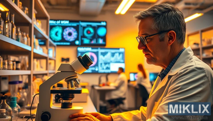 স্ক্রিনে MSM ক্যান্সার গবেষণার তথ্য ব্যবহার করে মাইক্রোস্কোপের নীচে টিস্যুর নমুনা অধ্যয়নরত বিজ্ঞানী।