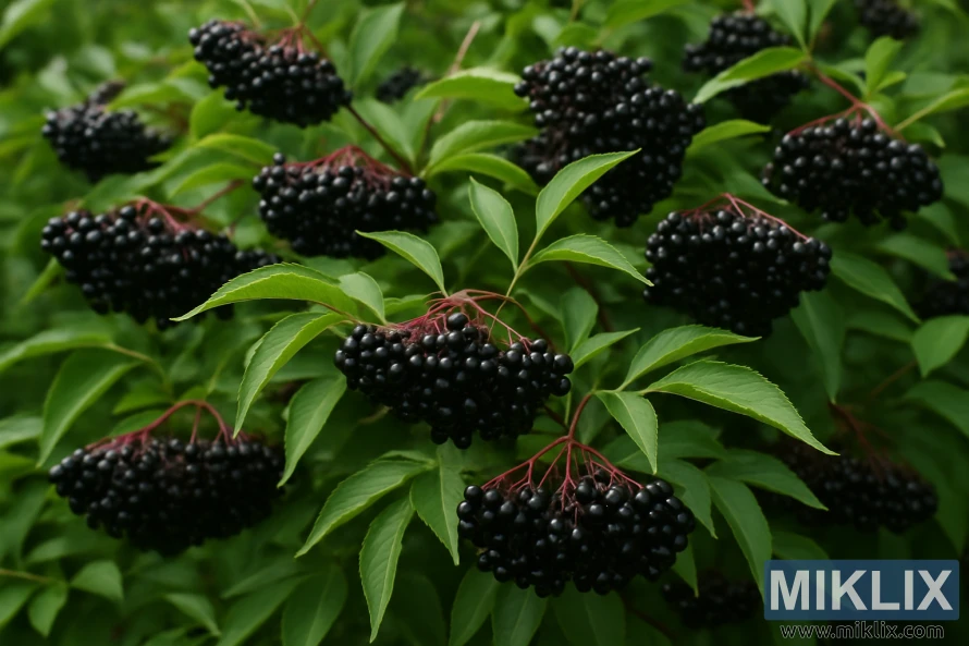 Гроздья спелых темно-фиолетовых ягод бузины, свисающие с пышного зеленого куста, готовые к сбору урожая. Гроздья спелых темно-фиолетовых ягод бузины, свисающие с пышного зеленого куста, готовые к сбору урожая.