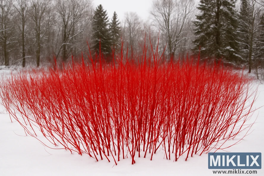 Tiges vermelles brillants de Dogwood de branqueta vermella que destaquen vivament contra un paisatge hivernal cobert de neu amb arbres nus i arbres de fulla perenne al fons.