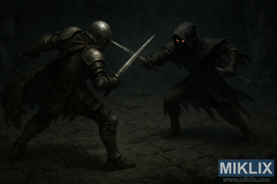 Realistic dark fantasy battle scene of the Tarnished clashing swords with a dual-dagger Black Knife Assassin inside a dim cavern. Realistic dark fantasy battle scene of the Tarnished clashing swords with a dual-dagger Black Knife Assassin inside a dim cavern.