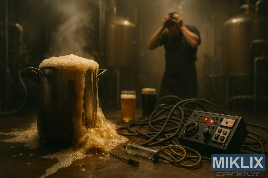 Переполненный варочный котел со сломанным оборудованием и отчаявшийся пивовар в душном варочном цехе. Переполненный варочный котел со сломанным оборудованием и отчаявшийся пивовар в душном варочном цехе.