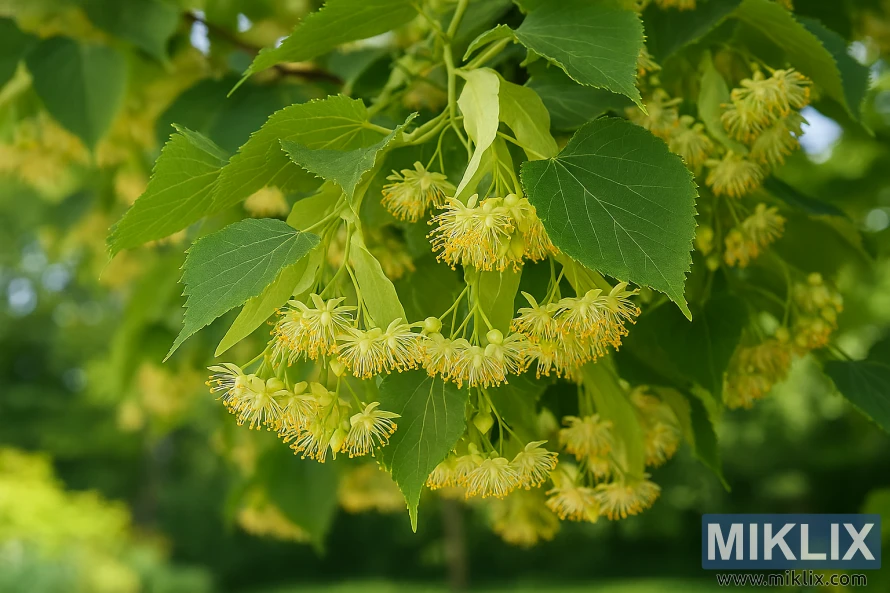 Detaljert visning av duftende gulhvite lindeblomster blant hjerteformede grønne blader
