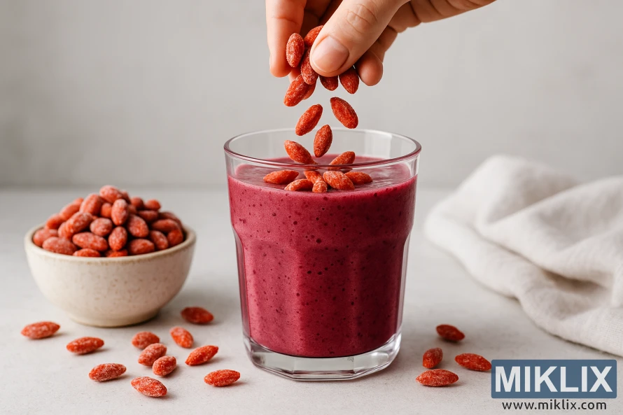 A hand drops frozen goji berries into a glass of deep magenta smoothie beside a bowl of berries on a neutral surface.
