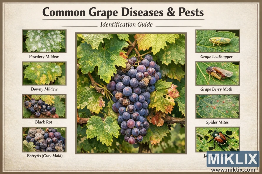 Educational chart showing common grape diseases and pests with labeled photos, including mildew, rot, mites, beetles, and insects around a central grape cluster.