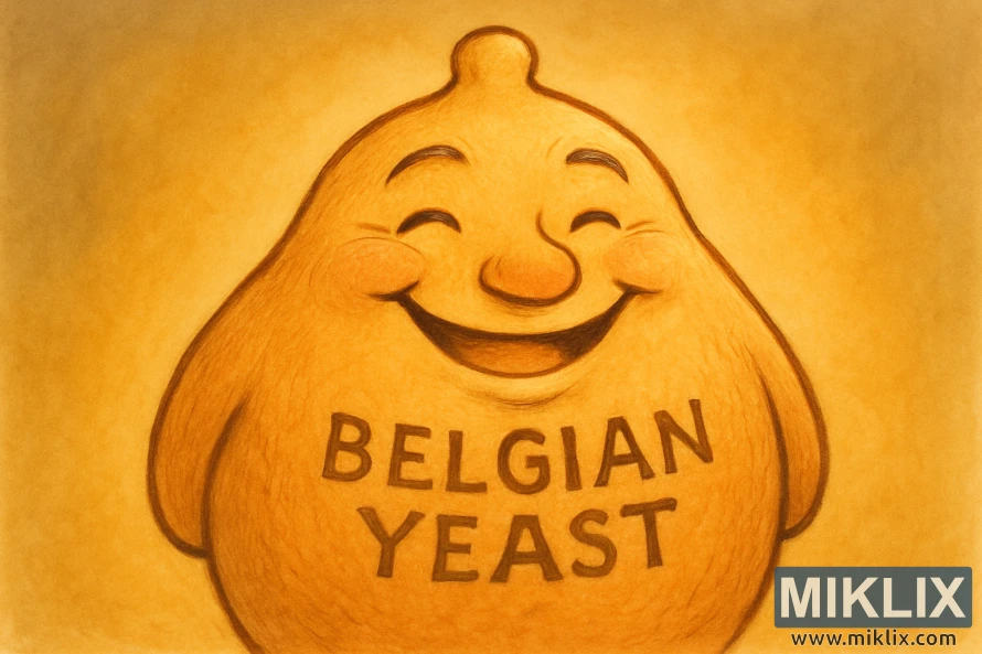 Personaje de levadura caprichoso dibujado a mano con la etiqueta 'Levadura belga' con una sonrisa alegre y cálidos tonos dorados.