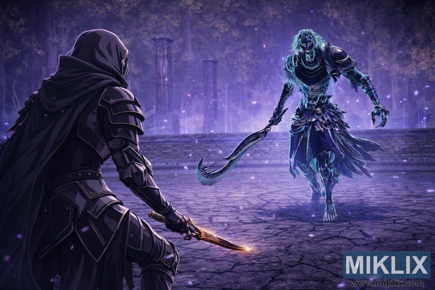 Anime style fan art showing the Tarnished in Black Knife armor from behind facing the Ancient Hero of Zamor in a glowing Evergaol arena before combat.