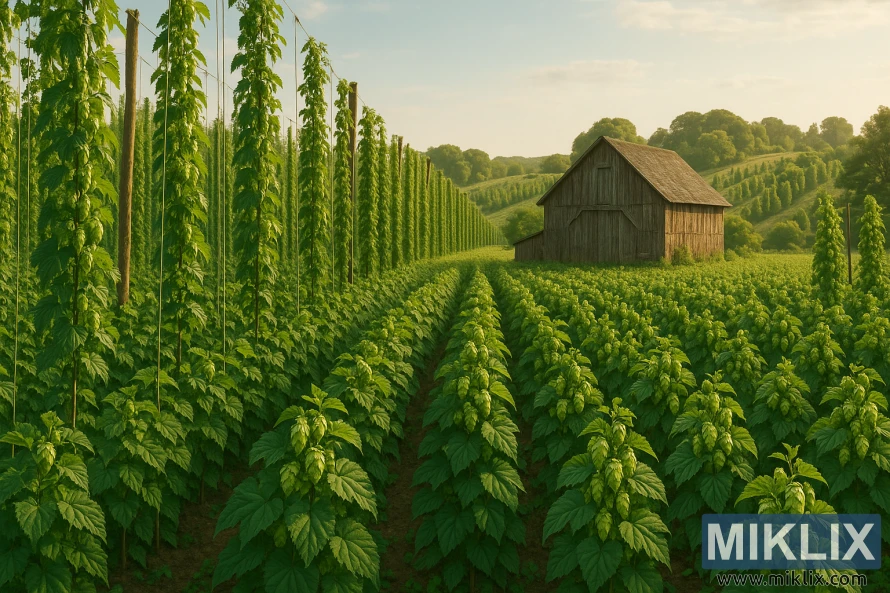Landscape view of lush hop fields with a weathered wooden barn and rolling hills in warm late-summer light.