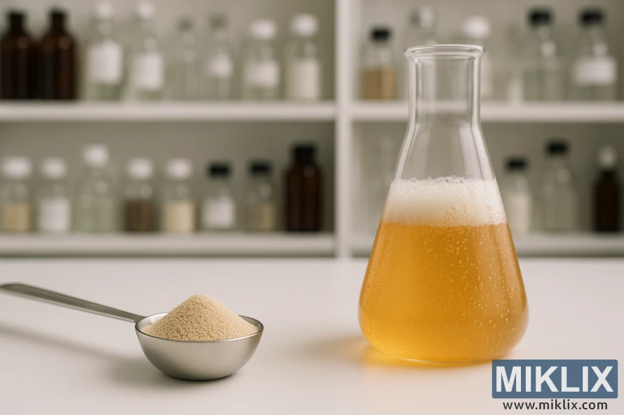 Merna kašika sa suvim granulama kvasca pored boce pjenušave zlatne tečnosti na laboratorijskom šalteru.