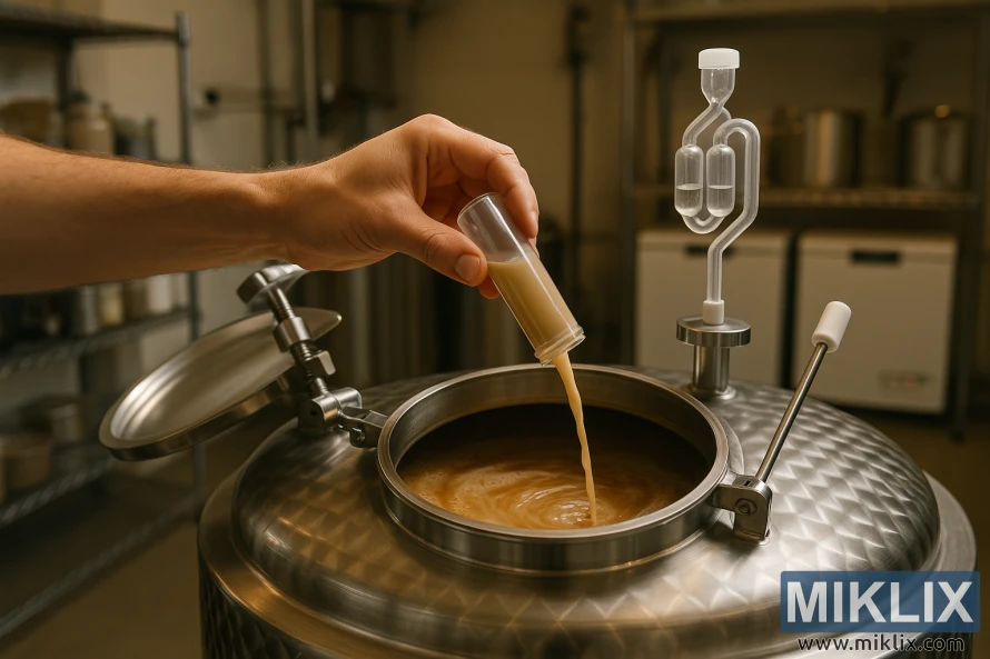 A brewer pours liquid yeast into a stainless steel fermentation tank equipped with a 3-piece airlock. A brewer pours liquid yeast into a stainless steel fermentation tank equipped with a 3-piece airlock.