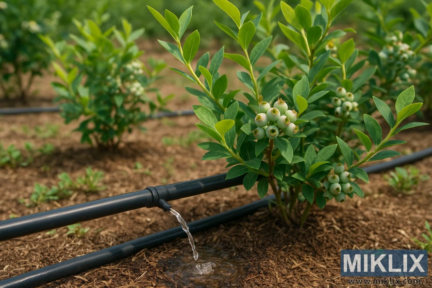 Close-up of a drip irrigation hose watering young blueberry bushes growing in neat rows on a farm under natural daylight.