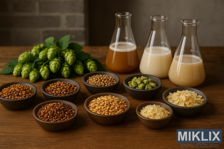 Bambance-bambancen hatsi na malted, hops, da al'adun yisti da aka shirya akan tebur na katako a cikin yanayin shayarwa.