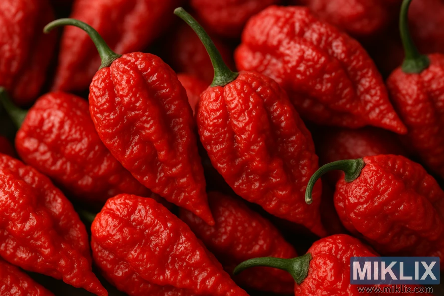 En närbild av skrynkliga röda spökpeppar med gröna stjälkar. En närbild av skrynkliga röda spökpeppar med gröna stjälkar.